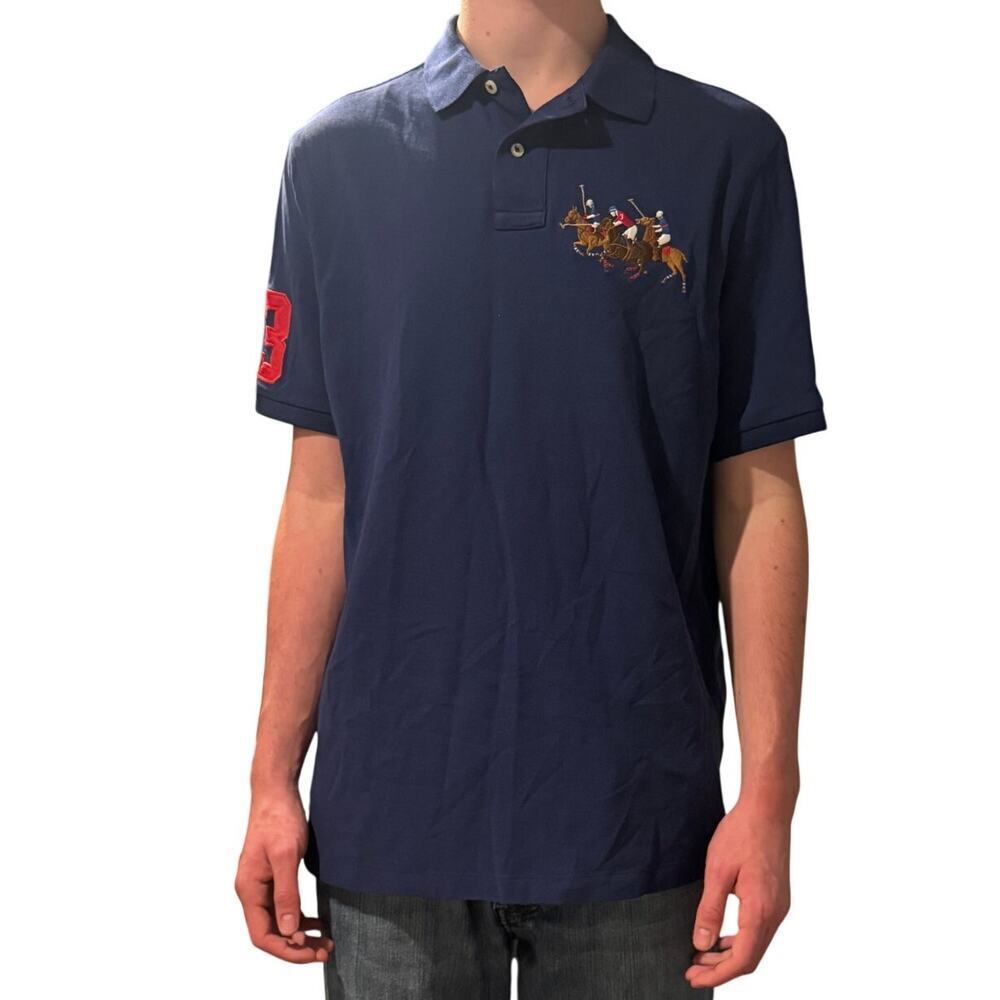 Ralph Lauren Polo Classic Fit Triple-Pony "3" Patch Mesh Polo Shirt Navy Large